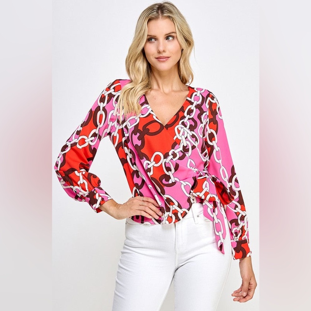 V-Neck Wrap Blouse in Pink & Red Chain Print